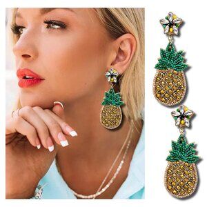 Rhinestone Crystal Seed Bead Sequin Resort Tropical Fruit Statement Earrings NEW